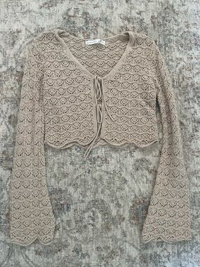 Altar'd State Taupe Crochet Tie-Front Cardigan